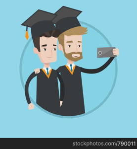Cheerful graduates in cloaks and graduation caps making selfie. Graduates making selfie with cellphone. Concept of graduation. Vector flat design illustration in the circle isolated on background.. Graduates making selfie vector illustration.