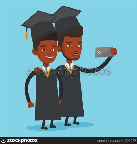 Cheerful graduates in cloaks and graduation caps making selfie. Happy graduates making selfie with cellphone. African-american graduates making selfie. Vector flat design illustration. Square layout.. Graduates making selfie vector illustration.