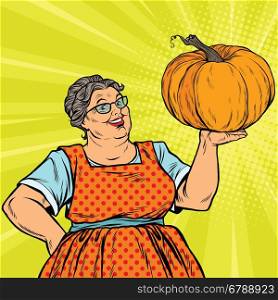 Cheerful grandmother with pumpkin for Thanksgiving, pop art retro vector illustration