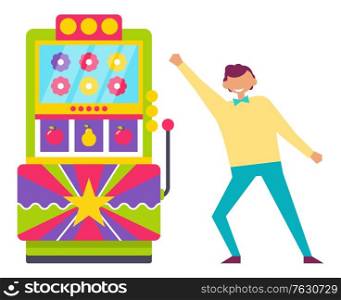 Cheerful guy playing colorful retro arcade machine with flowers and fruits on screen. Apple and pear symbols. Young man in gaming room isolated on white. Machine for gambling and winning money. Man Playing Vintage Arcade Game Machine Vector