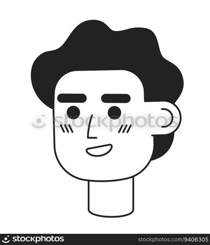 Cheerful handsome young man monochrome flat linear character head. Editable outline hand drawn human face icon. Happy entrepreneur. 2D cartoon spot vector avatar illustration for animation. Cheerful handsome young man monochrome flat linear character head