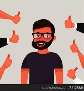 Cheerful hipster bearded young man surrounded by hands demonstrating thumbs up gesture. Public appreciation, positive opinion, respect, recognition, honor. Flat cartoon vector illustration