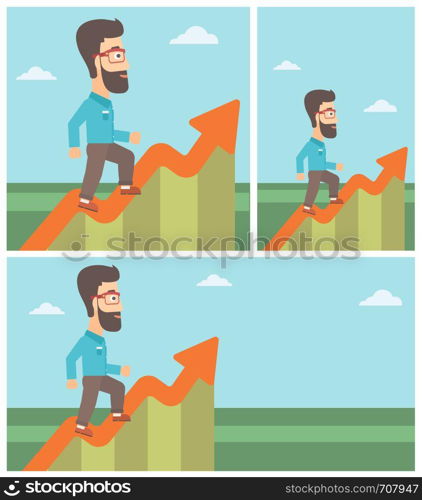 Cheerful hipster businessman with the beard running along the growth graph. Businessman going up. Successful business concept. Vector flat design illustration. Square, horizontal, vertical layouts.. Businessman running along the growth graph.