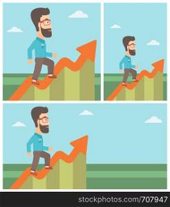 Cheerful hipster businessman with the beard running along the growth graph. Businessman going up. Successful business concept. Vector flat design illustration. Square, horizontal, vertical layouts.. Businessman running along the growth graph.