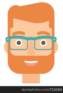 Cheerful hipster man in glasses laughing ecstatically vector flat design illustration isolated on white background. Vertical layout.. Cheerful man laughing ecstatically.
