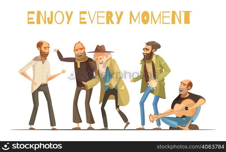 Cheerful homeless people design in cartoon and retro styles with singing men and music instruments vector illustration. Cheerful Homeless People Illustration