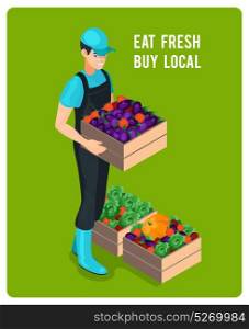 Cheerful Isometric Grocer . Cheerful isometric grocer with organic fresh eco healthy vegetables in wooden boxes isolated vector illustration