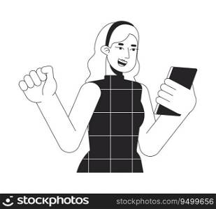 Cheerful lady looking on phone flat line black white vector character. Editable outline half body person. Happines simple cartoon isolated spot illustration for web graphic design. Cheerful lady looking on phone flat line black white vector character