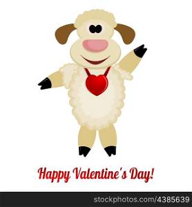 Cheerful lamb with a red heart on her neck - greeting card for Valentine&apos;s Day