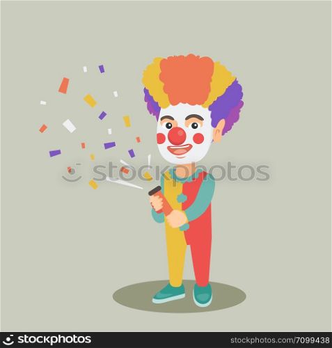 Cheerful little caucasian boy in colourful clown wig and costume shooting a party popper confetti. Happy clown boy in make-up blowing up a party popper. Vector cartoon illustration. Square layout.. Clown boy shooting a party popper confetti.