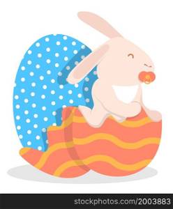 Cheerful little rabbit, hare sits in half of an eggshell. Symbol of Easter holiday and year 2023 in Chinese calendar. Childrens vector illustration