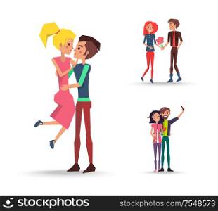 Cheerful lovely pair with flower isolated on white vector illustration. Young girls and boys embracing, makes selfie, gives red bouquet.. Cheerful Lovely Pair with Flower Isolated on White