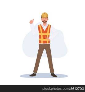 Cheerful male engineer wearing a helmet and showing a thumb up. Vector illustration