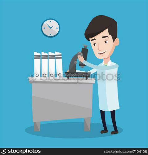 Cheerful male laboratory assistant working with microscope at the laboratory. Young scientist using a microscope in a laboratory. Vector flat design illustration. Square layout.. Laboratory assistant with microscope.