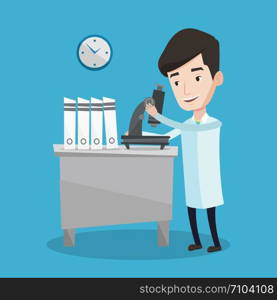 Cheerful male laboratory assistant working with microscope at the laboratory. Young scientist using a microscope in a laboratory. Vector flat design illustration. Square layout.. Laboratory assistant with microscope.