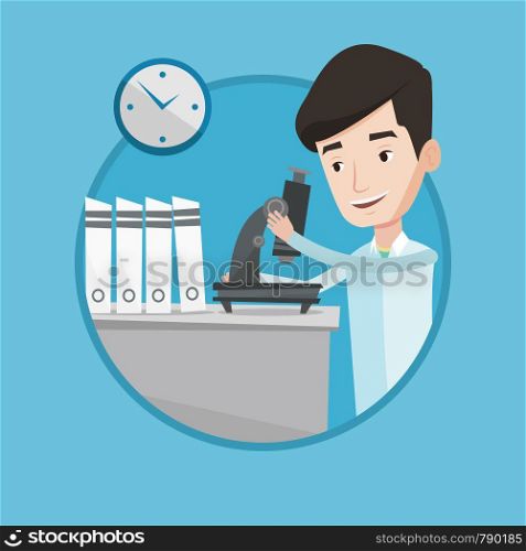 Cheerful male laboratory assistant working with microscope at the laboratory. Young scientist using a microscope in a laboratory. Vector flat design illustration in the circle isolated on background.. Laboratory assistant with microscope.