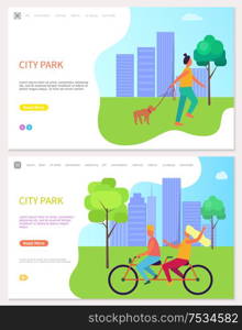 Cheerful man and woman in sportwear riding a bicycle near high rise buildings. Walking girl with pet near tree in the city park vector flat illustration. Cheerful People Walking in the City Park Vector