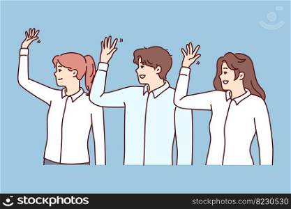 Cheerful man and women in office clothes showing hello gesture. Business people standing in row raise their hand up to express ideas for improving financial performance of company. Flat vector image . Cheerful man and women in office clothes standing in row showing hello gesture. Vector image