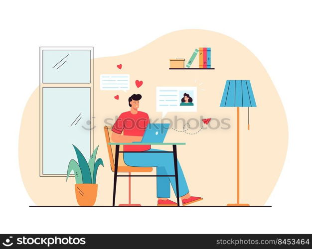 Cheerful man dating with woman online flat vector illustration. Cartoon happy guy sending message to girlfriend on laptop computer. Social media and finding partner concept