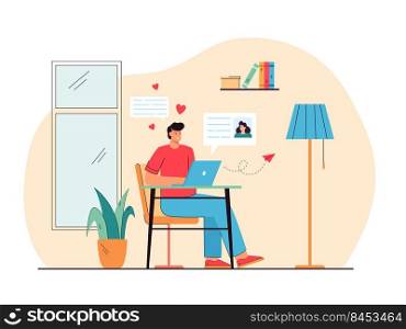 Cheerful man dating with woman online flat vector illustration. Cartoon happy guy sending message to girlfriend on laptop computer. Social media and finding partner concept