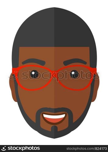 Cheerful man in glasses laughing ecstatically vector flat design illustration isolated on white background. . Cheerful man laughing ecstatically.