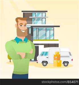 Cheerful man moving to a new house. Young happy man standing in front of his new home. Caucasian new homeowner unloading boxes from pantechnicon van. Vector flat design illustration. Square layout.. Young caucasian man moving to a house.