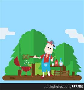 Cheerful man preparing barbecue on the barbecue grill cartoon vector Illustration. Cheerful man cooks a barbecue on the grill. Cartoon Vector Illustration