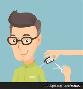Cheerful man removing a price tag off new shirt. Adult caucasian man cutting a label off new clothes with scissors. Man shopping at a clothes store. Vector flat design illustration. Square layout.. Man cutting price tag off new shirt.