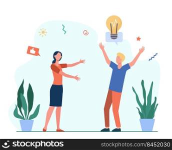 Cheerful man sharing new idea with friend. Bulb, like, approval flat vector illustration. Socialization and communication concept for banner, website design or landing web page