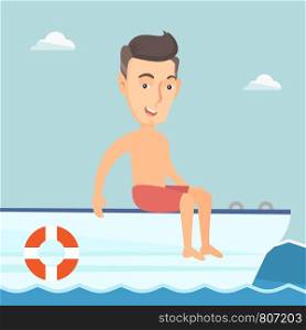 Cheerful man travelling by yacht. Happy caucasian tourist tanning on the front of the yacht. Man resting during summer trip on the yacht. Vector flat design illustration. Square layout.. Young happy man tanning on a sailboat.