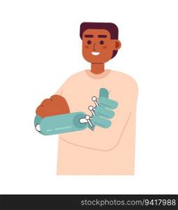 Cheerful man with artificial limb prosthesis semi flat color vector character. Editable half body man crossed arms. Guy with bionic hand. on white. Simple cartoon spot illustration for web design. Cheerful man with artificial limb prosthesis semi flat color vector character