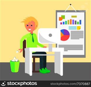 Cheerful man working in office vector illustration, young boy in green shirt and shoes sitting by white table with computer, big chart with statistics. Cheerful Man Working in Office Vector Illustration