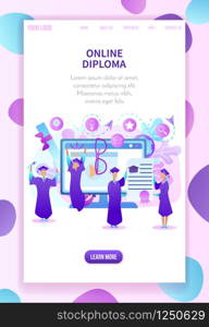 Cheerful Men And Woman Hold Certificate In Hands, Laughing and Jumping. Guys and Girls Students Characters Celebrating. Online Diploma. Flat Vector Illustration. Vertical Banner, Copy Space.. Young People in Gown Celebrate Graduation Banner