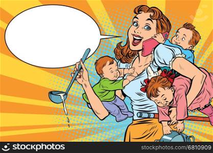 Cheerful mother with three children working and talking on the phone. Comic pop art illustration vector drawing. Cheerful mother with three children working