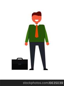 Cheerful neatly-dressed businessman with orange tie posing. Isolated vector illustration of adult man and black leather briefcase on white background. Cheerful Businessman and Briefcase Illustration