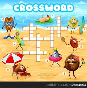 Cheerful nut characters on summer sea beach, crossword grid to find word, vector quiz game. Crossword worksheet to guess word of funny cartoon peanut and walnut in sunglasses on summer vacations. Cheerful nuts characters on beach, crossword grid