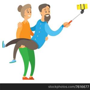 Cheerful old people making selfie, smiling elderly man and woman, grandma holding grandpa with stick and phone, funny pensioners, photography vector. Old Woman Holding Senior, Making Selfie Vector