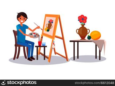 Cheerful painter at work, vector illustration with young painter, holding a palette with varied colors and paintbrush, exposition from fruits and pot. Cheerful Painter at Work, Vector Illustration