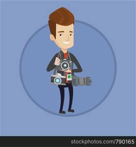 Cheerful paparazzi with many cameras. Caucasian paparazzi with photo cameras equipment. Professional paparazzi with many cameras. Vector flat design illustration in the circle isolated on background.. Paparazzi taking photo vector illustration.