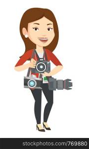 Cheerful paparazzi with many cameras. Caucasian photographer with many photo cameras equipment. Professional journalist with many cameras. Vector flat design illustration isolated on white background.. Photographer taking photo vector illustration.