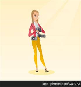 Cheerful paparazzi with many cameras. Young caucasian female photographer with many photo cameras equipment. Professional journalist with many cameras. Vector flat design illustration. Square layout.. Photographer taking a photo vector illustration.