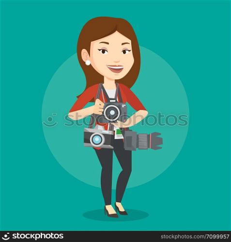Cheerful paparazzi with many cameras. Young caucasian female photographer with many photo cameras equipment. Professional journalist with many cameras. Vector flat design illustration. Square layout.. Photographer taking photo vector illustration.