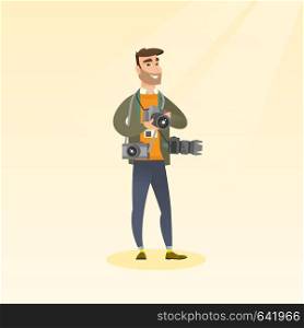 Cheerful paparazzi with many cameras. Young caucasian male photographer with many photo cameras equipment. Professional journalist with many cameras. Vector flat design illustration. Square layout.. Photographer taking a photo vector illustration.