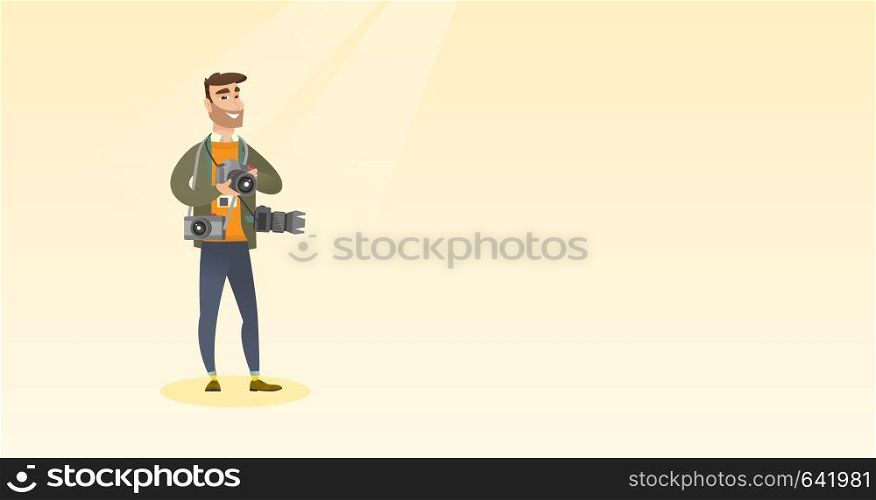 Cheerful paparazzi with many cameras. Young caucasian male photographer with many photo cameras equipment. Professional journalist with many cameras. Vector flat design illustration. Horizontal layout. Photographer taking a photo vector illustration.