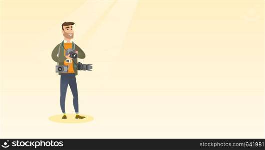 Cheerful paparazzi with many cameras. Young caucasian male photographer with many photo cameras equipment. Professional journalist with many cameras. Vector flat design illustration. Horizontal layout. Photographer taking a photo vector illustration.