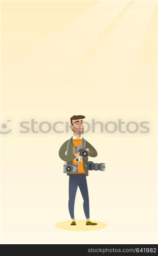 Cheerful paparazzi with many cameras. Young caucasian male photographer with many photo cameras equipment. Professional journalist with many cameras. Vector flat design illustration. Vertical layout.. Photographer taking a photo vector illustration.