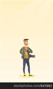 Cheerful paparazzi with many cameras. Young caucasian male photographer with many photo cameras equipment. Professional journalist with many cameras. Vector flat design illustration. Vertical layout.. Photographer taking a photo vector illustration.