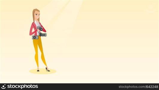 Cheerful paparazzi with many cameras. Young caucasian photographer with many photo cameras equipment. Professional journalist with many cameras. Vector flat design illustration. Horizontal layout.. Photographer taking a photo vector illustration.