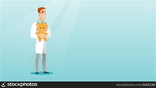 Cheerful pediatrician doctor holding a teddy bear. Pediatrician doctor standing with a teddy bear. Young caucasian pediatrician in medical gown. Vector flat design illustration. Horizontal layout.. Pediatrician doctor holding teddy bear.