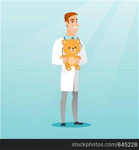 Cheerful pediatrician doctor holding a teddy bear. Smiling pediatrician doctor standing with a teddy bear. Young caucasian pediatrician in medical gown. Vector flat design illustration. Square layout.. Pediatrician doctor holding teddy bear.